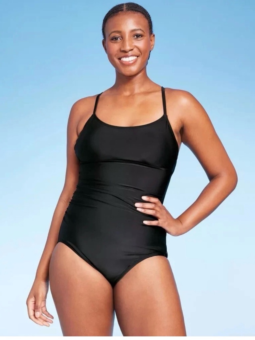 NEW Size M Kona Sol Full Coverage Shirred Black One-Piece Swimsuit Sleek